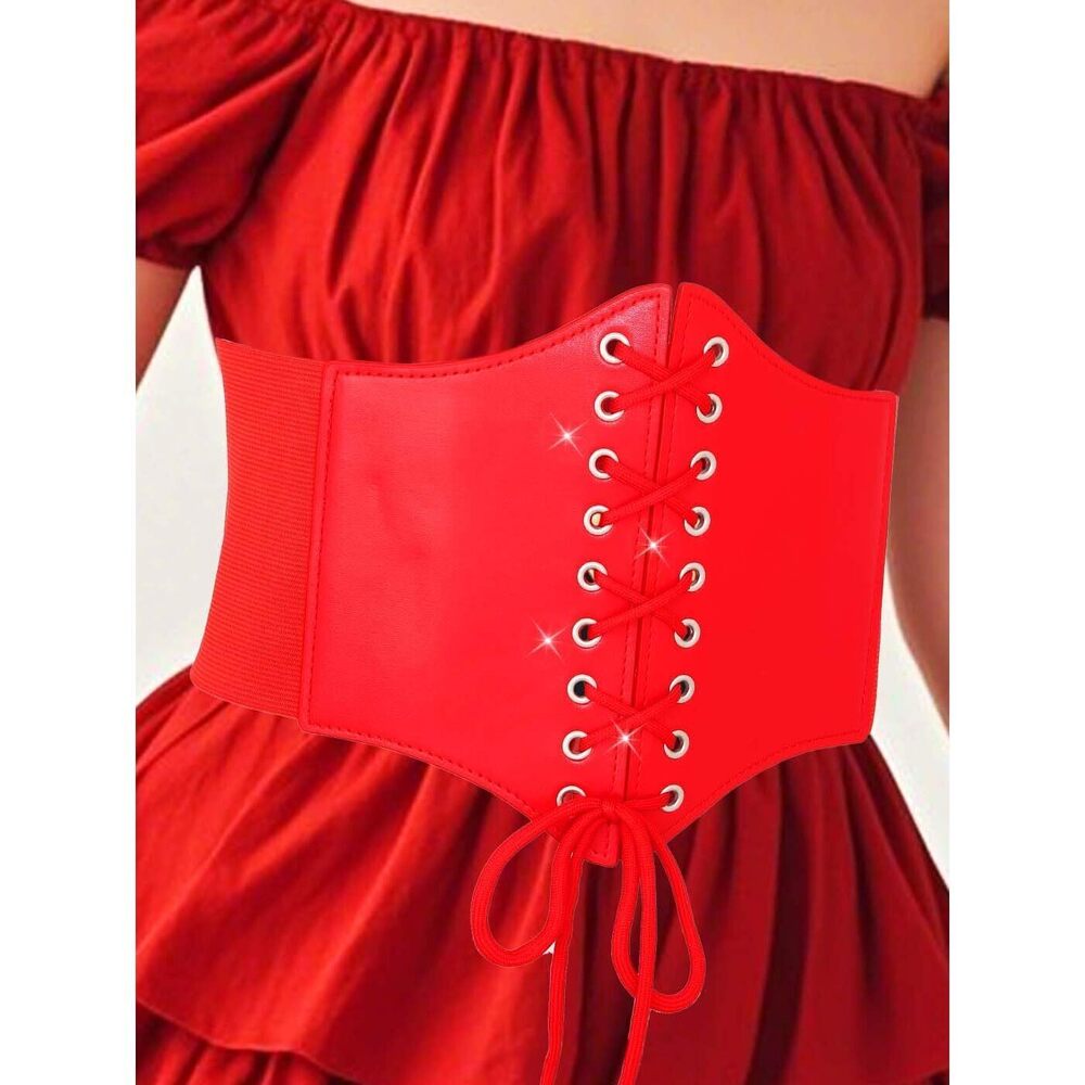 9774 Stretchy Leather Corset Belt Elastic Red Waist Belts Wide Costume - Picture 4 of 6